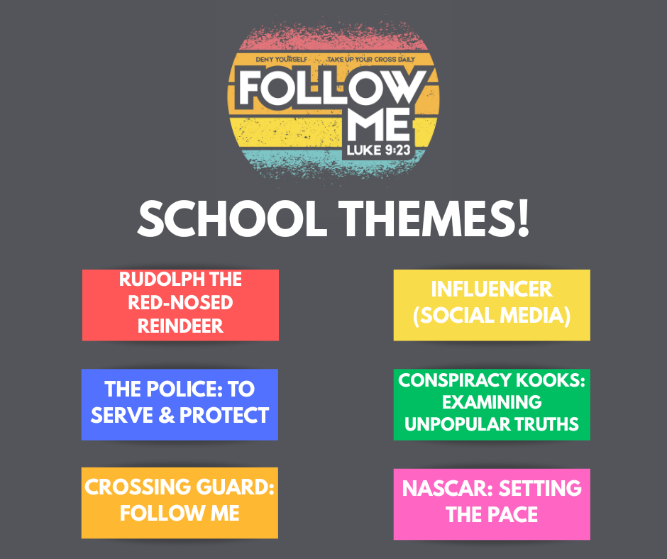 School themes. Red: Rudolph the red-nosed reindeer. Blue: the police, to serve and protect. Orange: crossing guard, follow me. Yellow: influencer, social media. Green: conspiracy kooks, examining unpopular truths. Khaki: NASCAR, setting the pace.